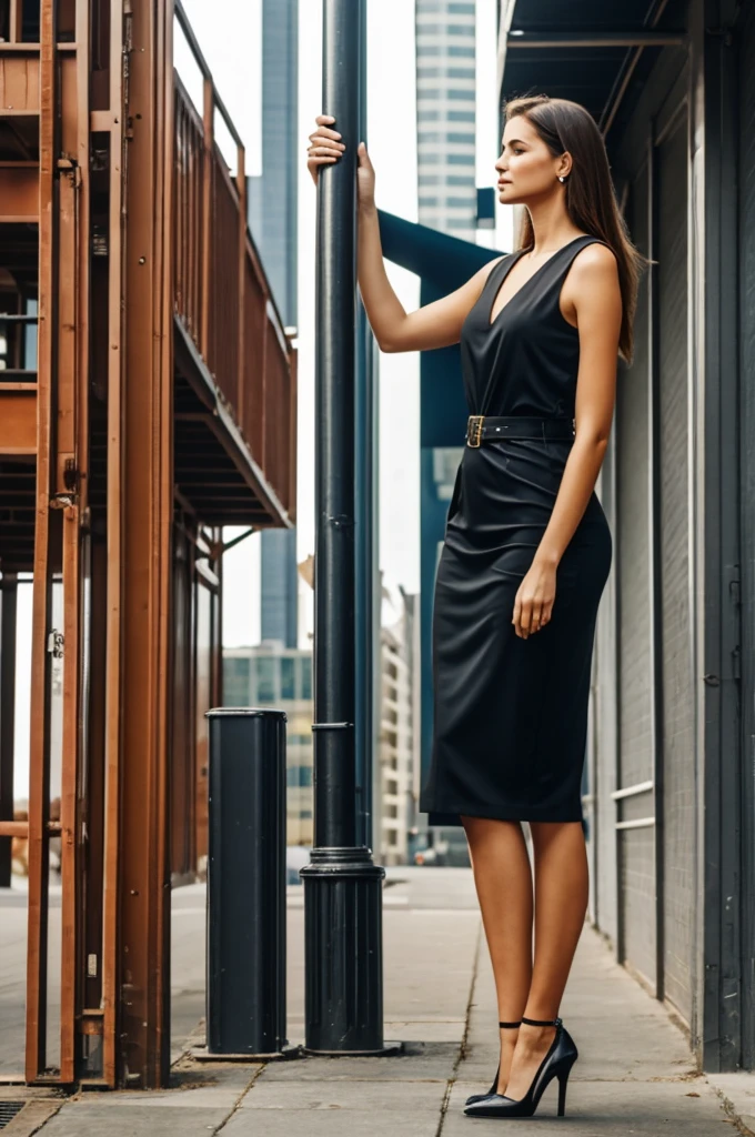 a tall woman of 1.85, I'm wearing a loose blue sweater, a white shirt, loose pants tied with a ribbon at my waist, Boots, short hair, but having a long ponytail that reached to the waist, a scar on the right lip.