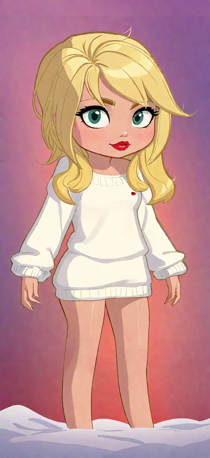 A woman with brunette hair but with blonde ends, Wearing a white sweater, firm breasts, um corpo sexy de uma milf (Carol lougue)