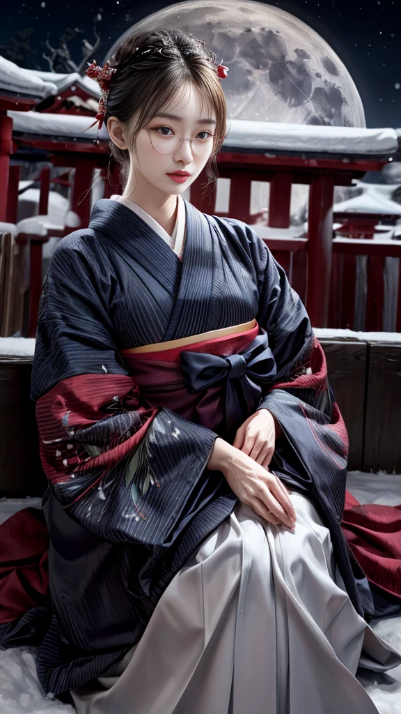 Very beautiful woman、Slender women、Round Glasses、Japanese clothing、((Hakama))、((Big Breasts))、samurai、(((night)))、((moon))、((snow))、Very beautiful woman、Slender women、(Detailed face)、Realistic skin、((Delicate photo))，(Girl Masterpiece RAW Photo Details:1.25), (Highest quality:1.6), (Ultra-high resolution:1.5), (Realistic:1.75), 8K resolution, Canon EOS R5, 50mm, Absurd, Ultra-detailed,Cinema Lighting、
