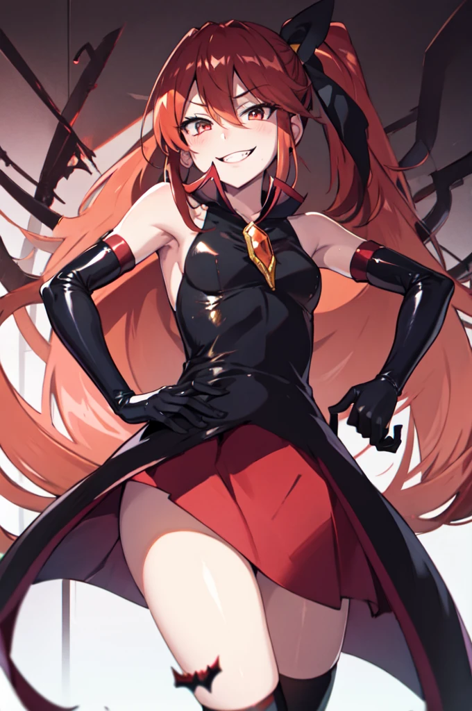 Highest quality, masterpiece, One Girl,Not beautiful, Red Ponytail, Long dress, brooch, Hair Ribbon, - Elbow hand pockets, Black knee socks, Standing on the rubble, (Wicked Smile:1.1), ,,Dark shadowed face,Sadistic smile,Malice,Contempt,smile,latex,Bad face,,Red Skirt,two hands,two legs,five fingers,evil background,elbow gloves,latex, Wicked Smile, devilish aura (Shiny fabric:1.5),Dark world background,