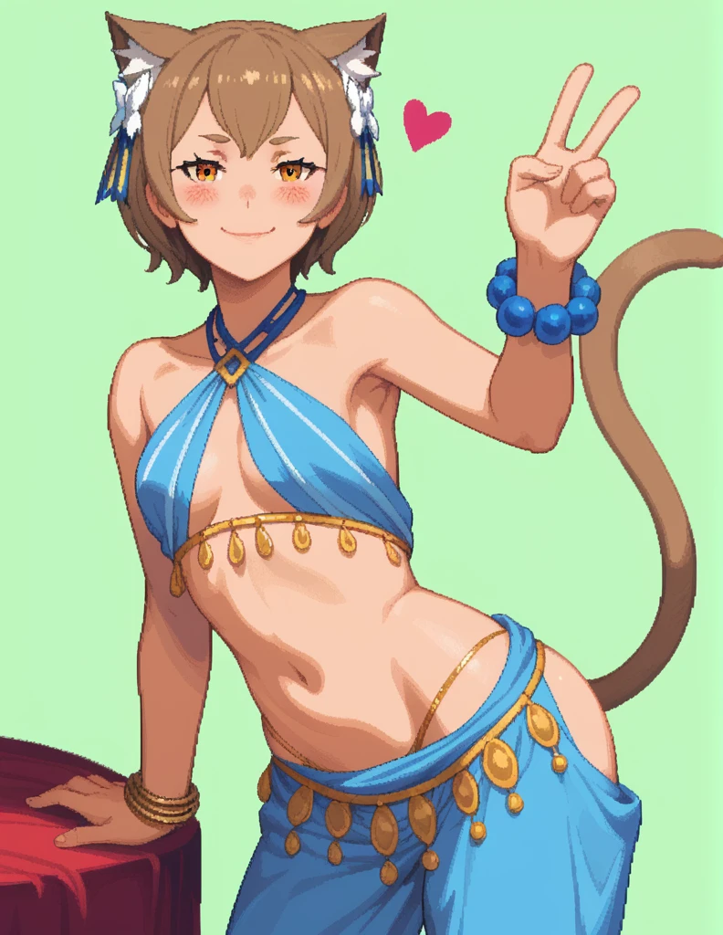 score_9, score_8_up, score_7_up, rating_safe, 1girl, solo, Pixel_Art, Re:Zero, Felix Argyle, orange eyes, brown hair, short hair, side bangs, revealing clothing, harem outfit, collarbone, backless, cross halter, necklace, loose sleeves, bracelet, bare shoulders, navel, hip vent, harem pants, cowboy shot, v, raise hand, look at viewer, simple background, light green background, heart background, blush, naughty face, smile, half eyes closed, naked, ecchi, turns back, big ass, hentai, porn, very hot, shows us her butt, cat ear, cat tail, arches her back, twerk, arched, visible butt