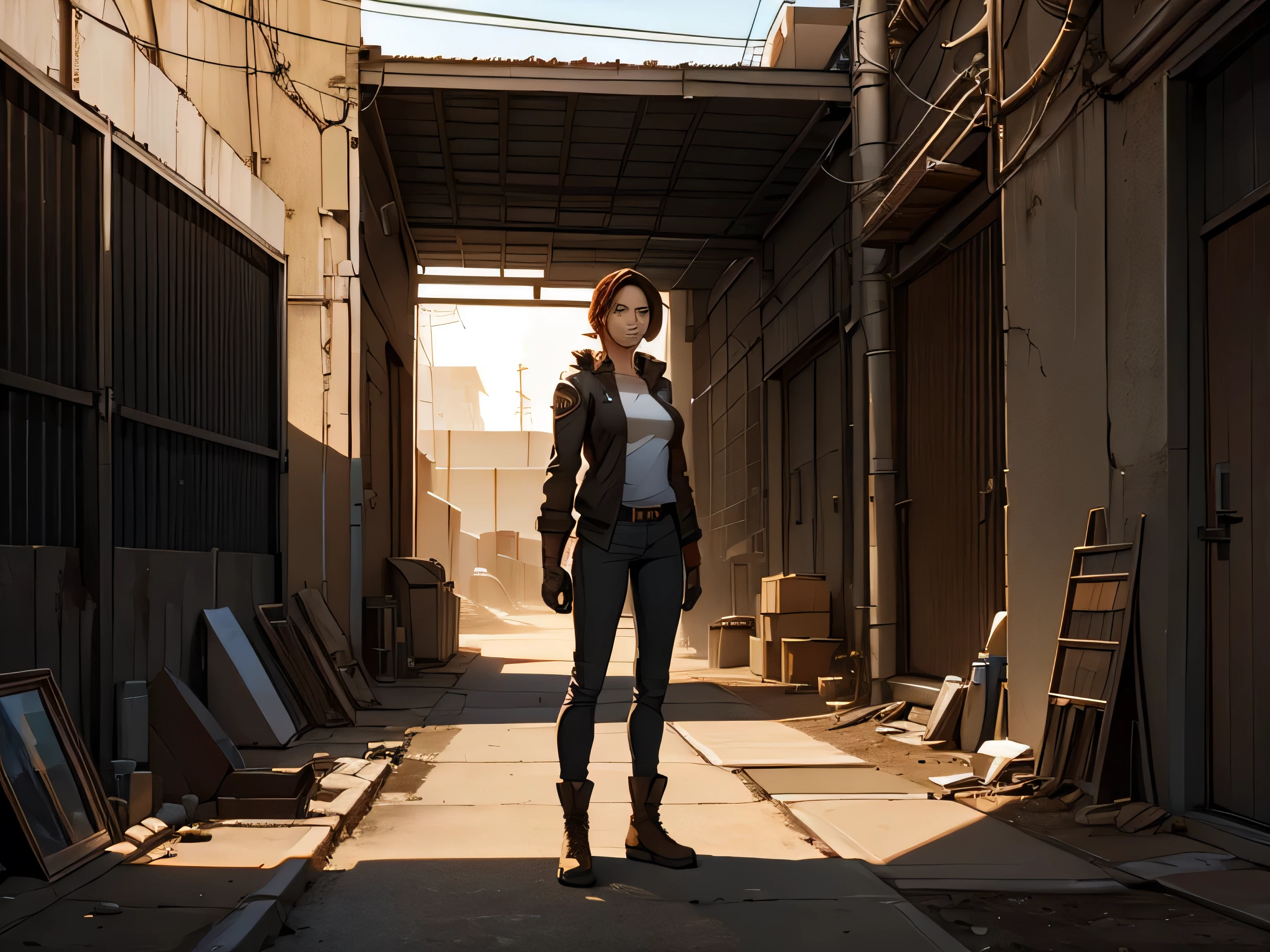 (open view plan) a woman standing in an industrial alley, intimidating and covered in dirt, it's raining. the glow of a multi-level market hall behind the woman would almost cast a silhouette in the rain if it weren't for the dull yellow glow of a triangular sign above a door she passed through.