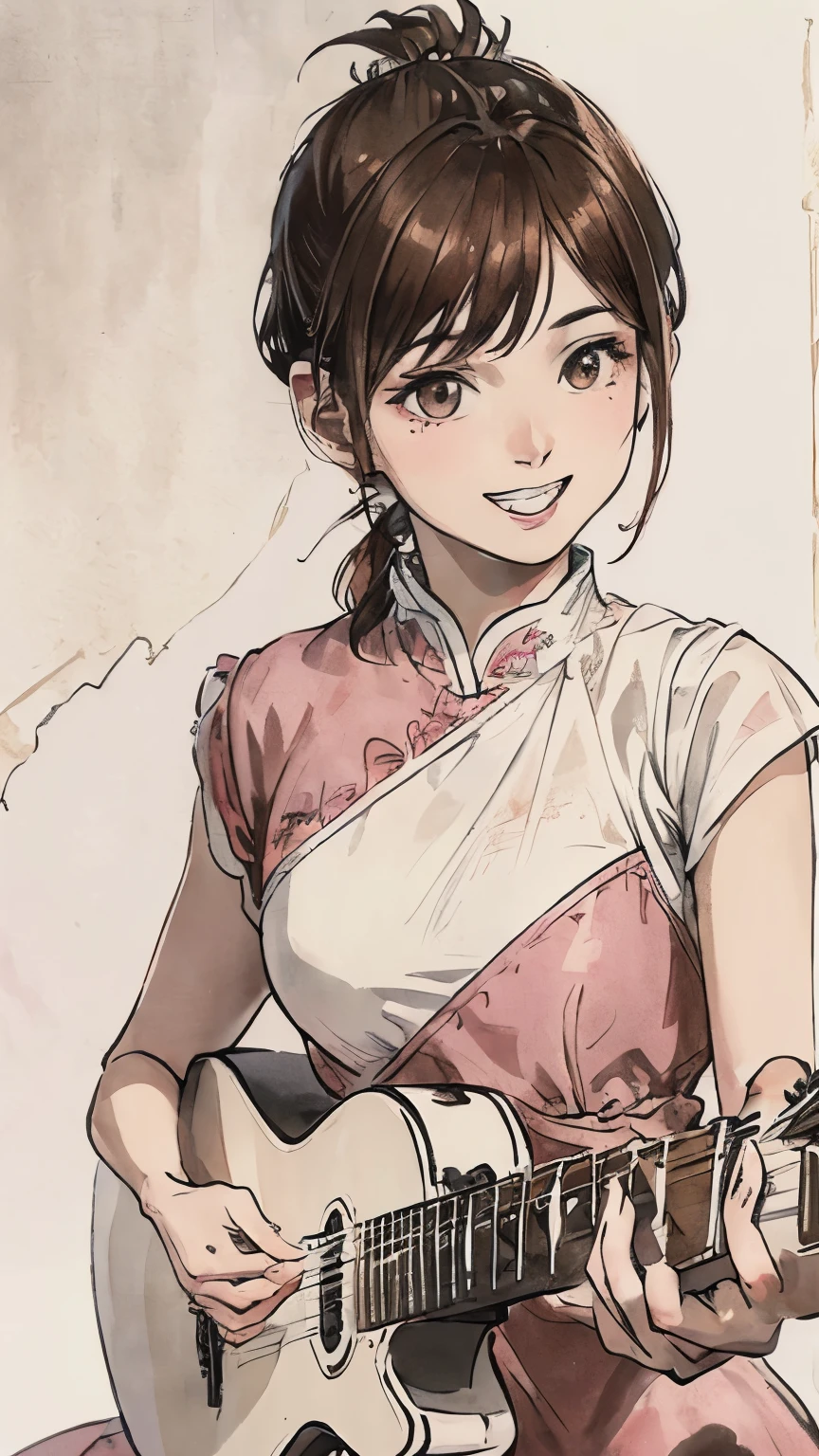 (Highest quality、8K、32k、masterpiece)、(Realistic)、(Realistic:1.2)、(High resolution)、Very detailed、Very beautiful face and eyes、1 Girl、Round and small face、Tight waist、Delicate body、(Highest quality、Attention to detail、Rich skin detail)、(Realistic、Realistic:1.37)、Bright colors、(((Brown Hair)))、(((Upper Body Shot)))、(((Short Ponytail)))、(((Fair skin)))、(((White wall background)))、(((White wall background)))、(((smile)))、(((Teeth are visible)))、(((Touching my cheek)))、(((I'm wearing a pink dress)))、(((guitarist)))、(((short hair))、