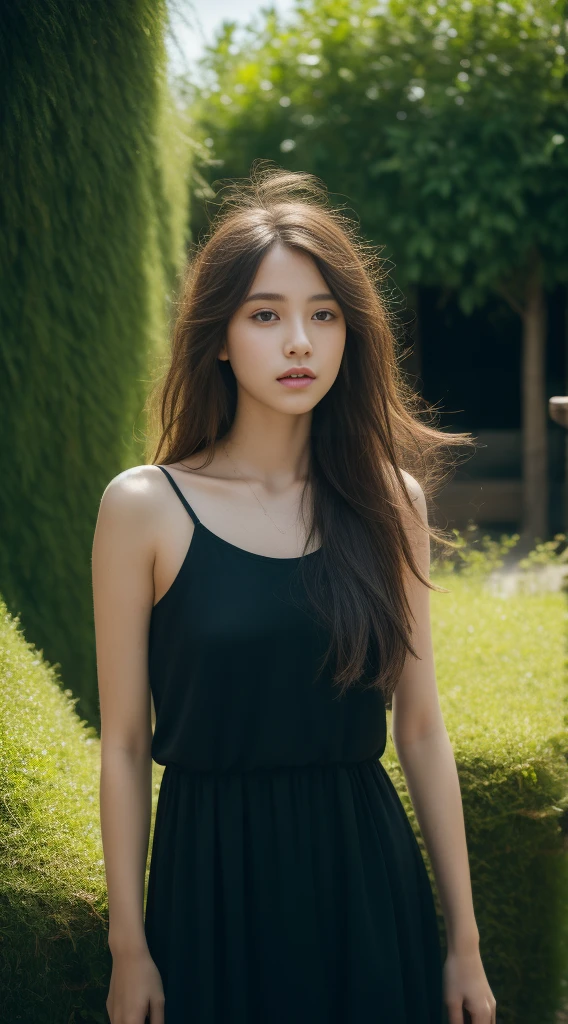 Beautiful young woman, Black Camisole Dress, Surreal, 21 years old, Fashion Model, Small breasts, Beautiful breasts, Long Hair, Messy hair, Long legs, 8K, sunlight, Ambient Lighting, (quality: 1.2), (Rembrandt Lighting: 1.3), (Savannah: 1.2), (Looking into the distance) And a wonderful garden backdrop, Slime、Slender