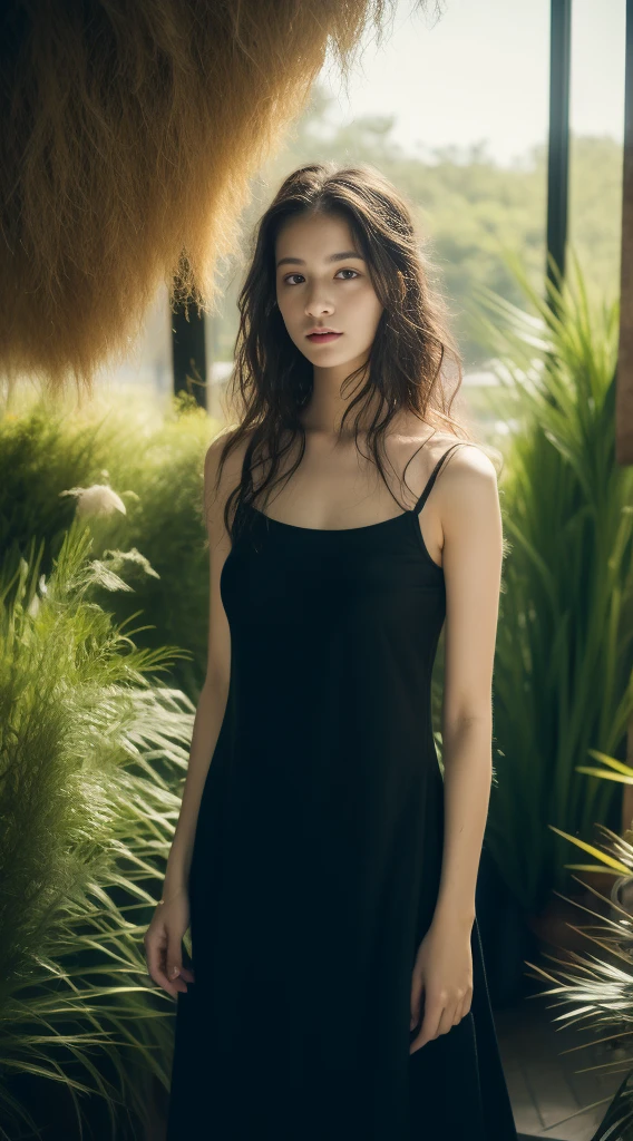 Beautiful young woman, Black Camisole Dress, Surreal, 21 years old, Fashion Model, Small breasts, Beautiful breasts, Long Hair, Messy hair, Long legs, 8K, sunlight, Ambient Lighting, (quality: 1.2), (Rembrandt Lighting: 1.3), (Savannah: 1.2), (Looking into the distance) And a wonderful garden backdrop, Slime、Slender