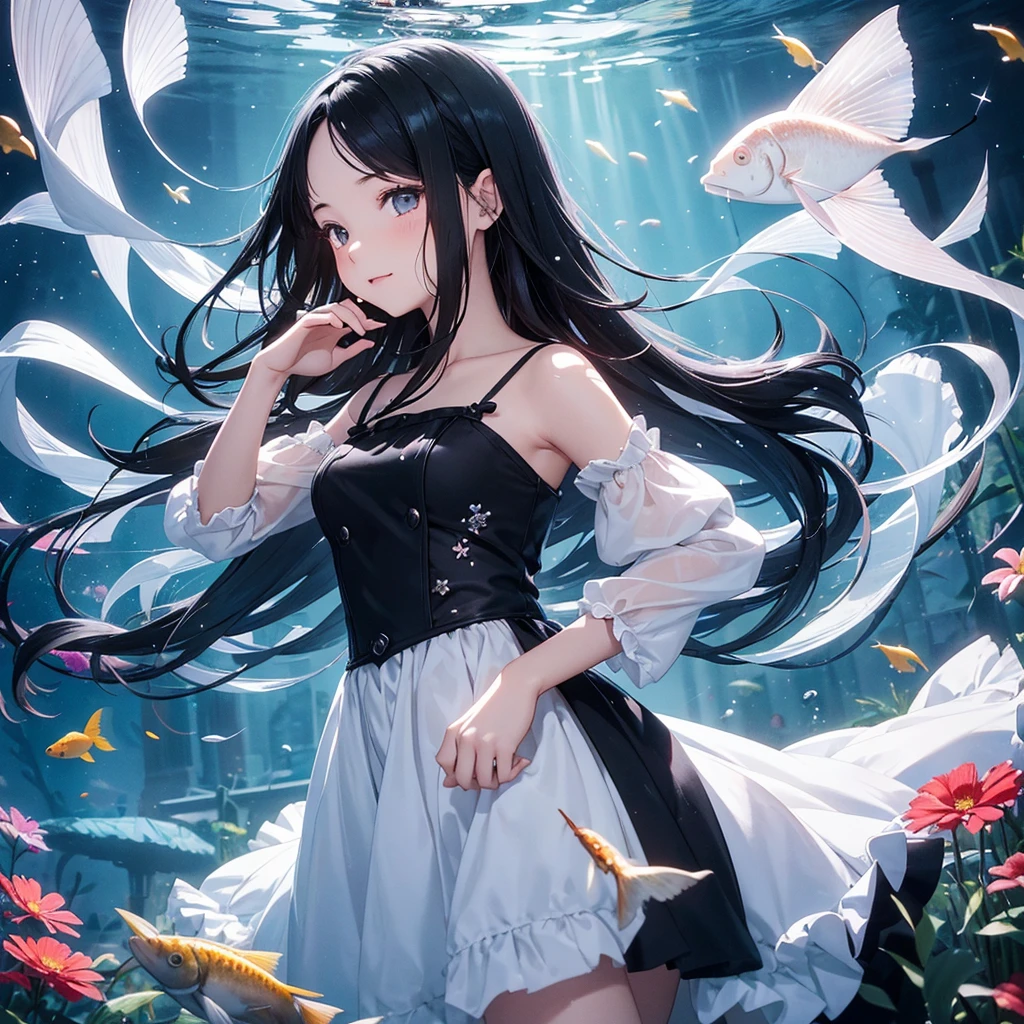 create an image, of a girl with semi-long black hair playing with flowers and fish, something magical and deep, magical and fun atmosphere, happy girl in a beautiful dress, In the universe, dark and bright stars