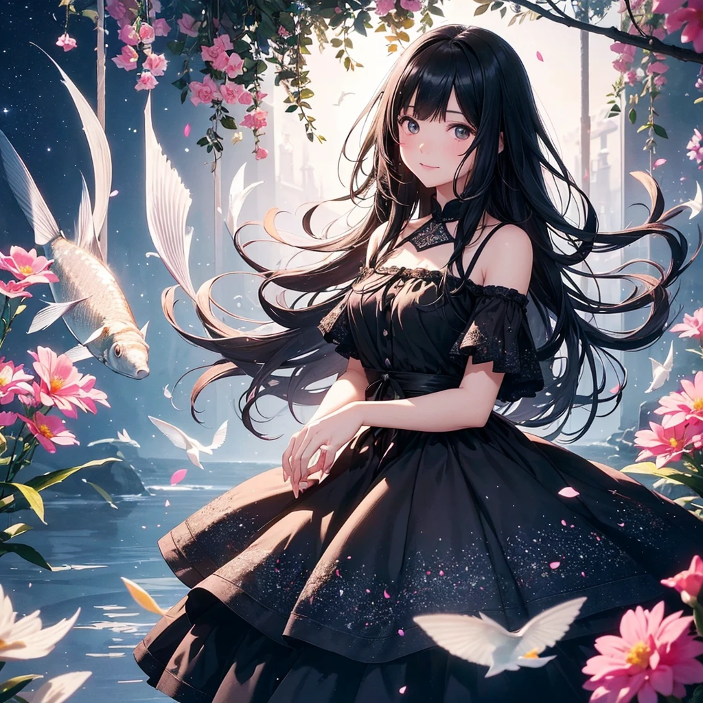 create an image, of a girl with semi-long black hair playing with flowers and fish, something magical and deep, magical and fun atmosphere, happy girl in a beautiful dress, In the universe, dark and bright stars