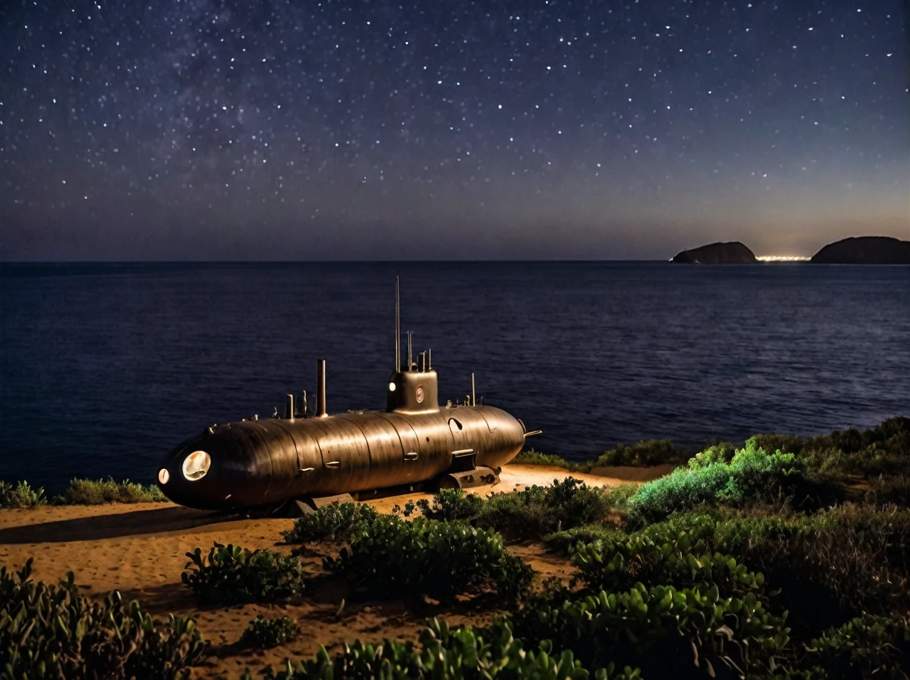 coast of Madagascar, Madagascar, nautilus submarine on the ocean in the distance, outdoors ocean at night, realistic scenery. very wide shot, landscape, film, professional