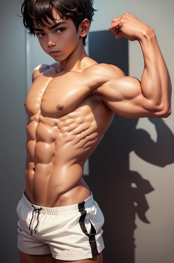 boy standing with his left arm flexed at a 90 degree angle, showing off his large muscles. shirtless, tanned, shiny skin and sweaty