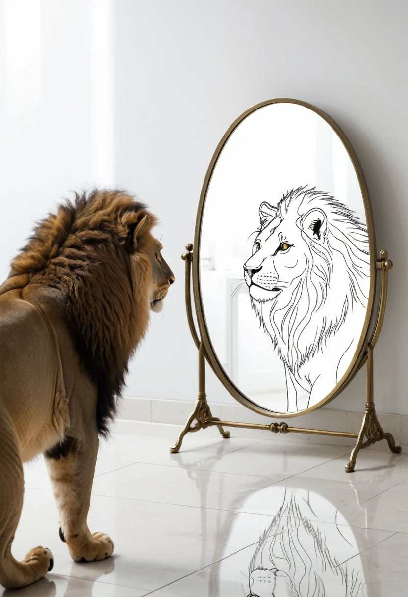 Illustration, in white background. One line cat looking at a lion in a mirror
