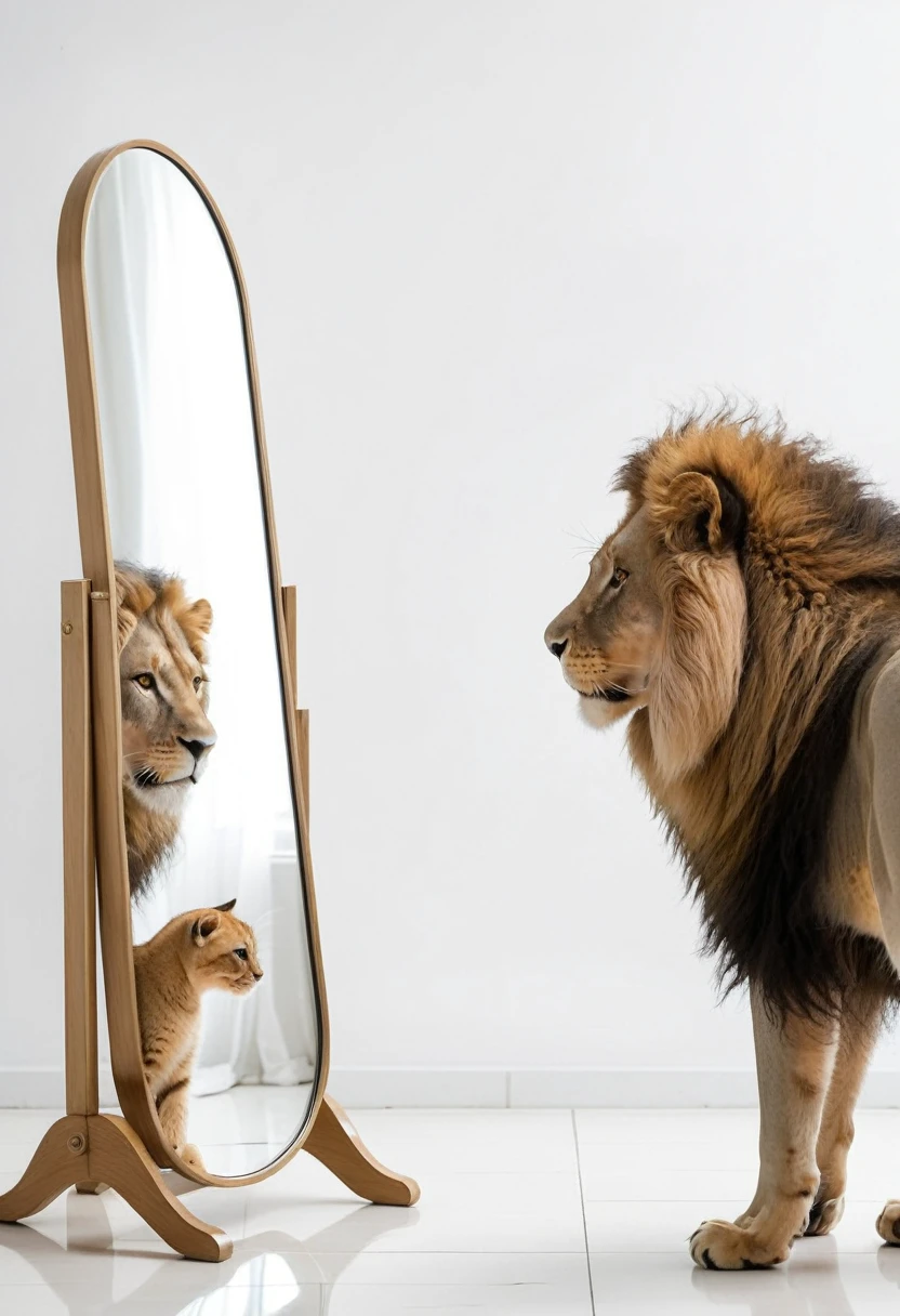 Illustration, in white background. One line cat looking at a lion in a mirror