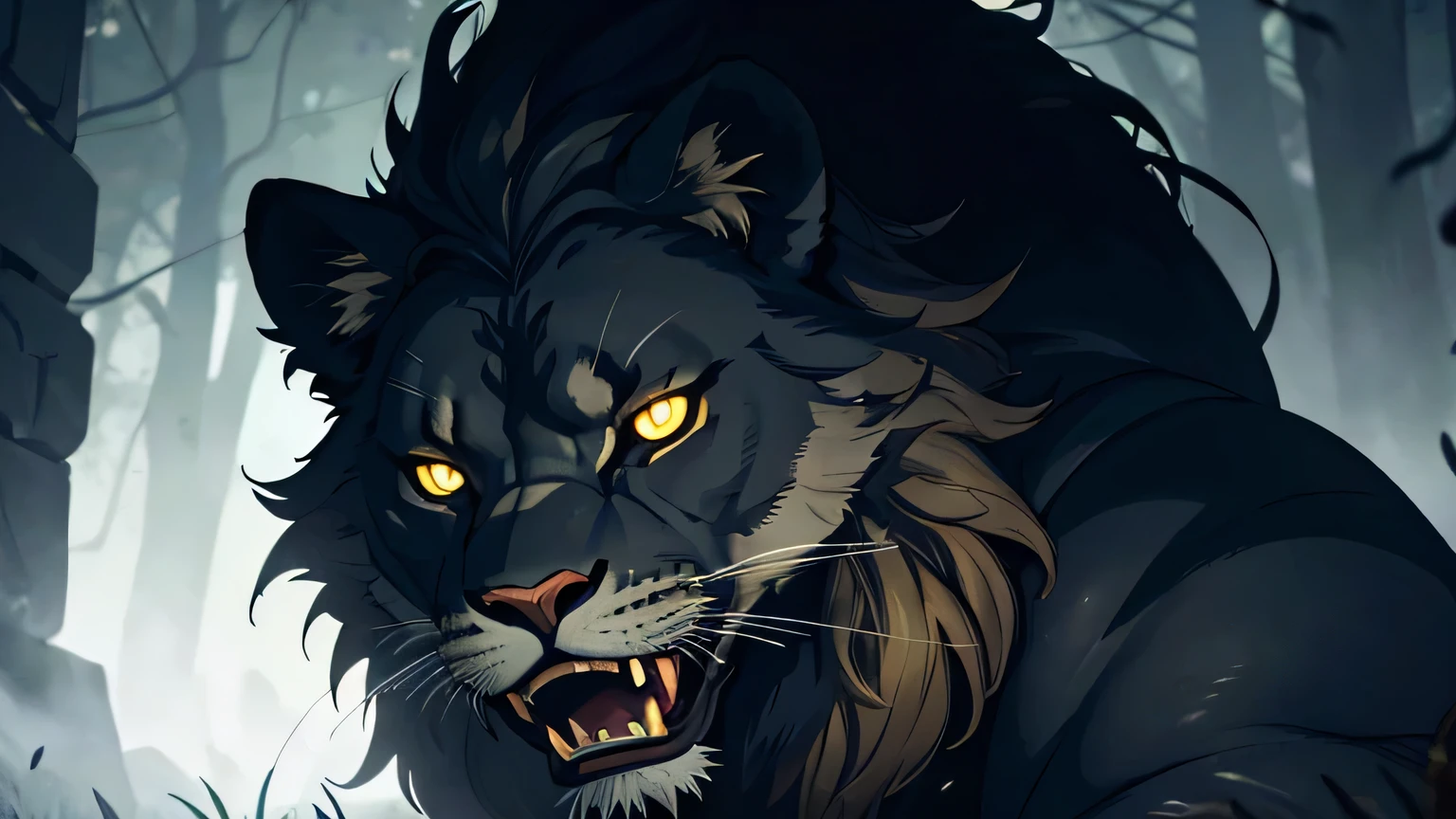 shadow of lion among the shadows of dark bush, glowing yellow eyes, glowing eyes, sharp fangs, moody lighting, hyper realistic, cinematic lighting, intricate details, 8k, high quality, photorealistic, dramatic, powerful, majestic