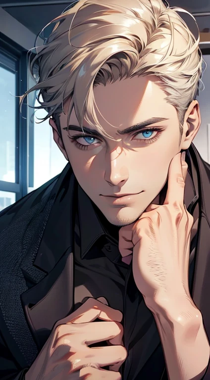 (best quality,4k,8k,highres,masterpiece:1.2),ultra-detailed,(realistic,photorealistic,photo-realistic:1.37),1 man,31 years old,mature man,very handsome,without expression,smile,short grey golden hair,blue eyes,penetrating gaze,perfect face without errors,imposing posture,businessman,office background,cinematic lighting,hdr image