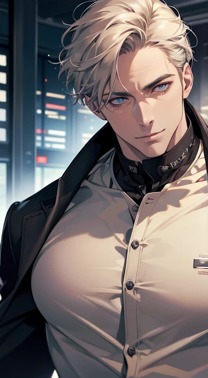(best quality,4k,8k,highres,masterpiece:1.2),ultra-detailed,(realistic,photorealistic,photo-realistic:1.37),1 man,31 years old,mature man,very handsome,without expression,smile,short grey golden hair,blue eyes,penetrating gaze,perfect face without errors,imposing posture,businessman,office background,cinematic lighting,hdr image