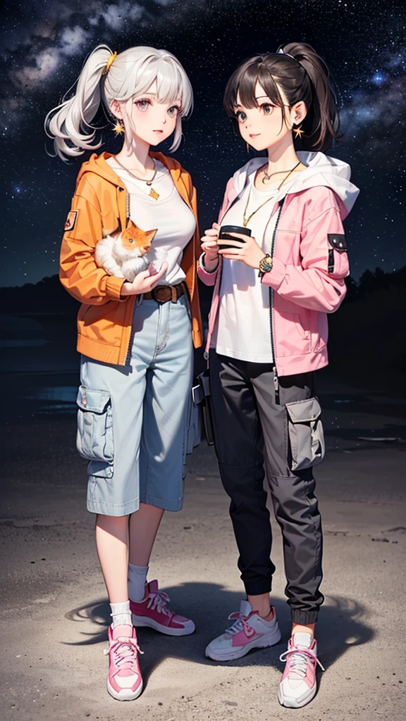 (((Holding a cute orange bantam cat in both hands)))，((Highest quality，masterpiece，Full body front view of a mature beauty with big breasts，Air bangs，Blue gray high ponytail super long straight hair，Slightly curly hair on double sideburns，Hair ends curled in，Gray and pink short T-shirt，Light blue denim gray hooded jacket，Black and gray long and wide cargo pants，Pink and white sneakers))，Simple, small and exquisite round necklace，Little star earrings，Wearing a very thin gold bracelet on the right hand，starry sky galaxy background，Look at the lens head-on