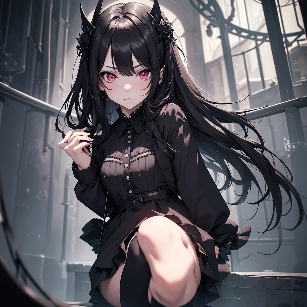 (8K, Best Quality, Masterpiece, Ultra High Resolution) 1Girl, Young, 10-year-old, Beautiful Eyes, Face Details, Black Hair, Red Eyes, Pale Skin, Slender, Black Dress, Knee High Socks, Gothic, Dark Room, Best Quality, Upper Body, Looking at the Viewer, Facing Viewer, Close Up