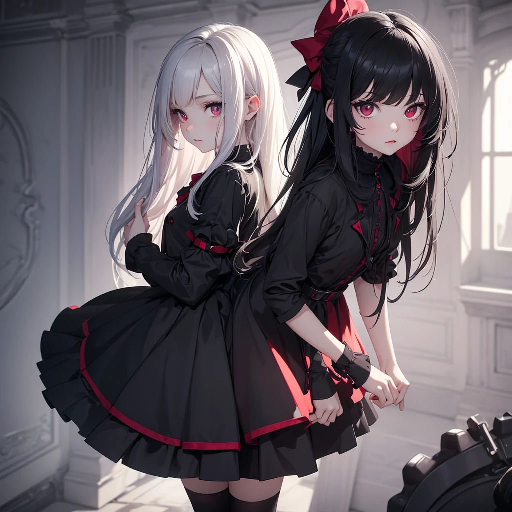 (8K, Best Quality, Masterpiece, Ultra High Resolution) 1Girl, Young, 10-year-old, Beautiful Eyes, Face Details, Black Hair, Red Eyes, Pale Skin, Slender, Black Dress, Knee High Socks, Gothic, Dark Room, Best Quality, Upper Body, Looking at the Viewer, Facing Viewer, Close Up