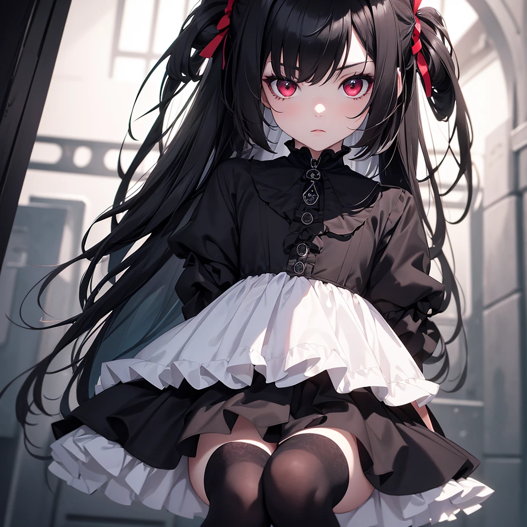 (8K, Best Quality, Masterpiece, Ultra High Resolution) 1Girl, Young, 10-year-old, Beautiful Eyes, Face Details, Black Hair, Red Eyes, Pale Skin, Slender, Black Dress, Knee High Socks, Gothic, Dark Room, Best Quality, Upper Body, Looking at the Viewer, Facing Viewer, Close Up