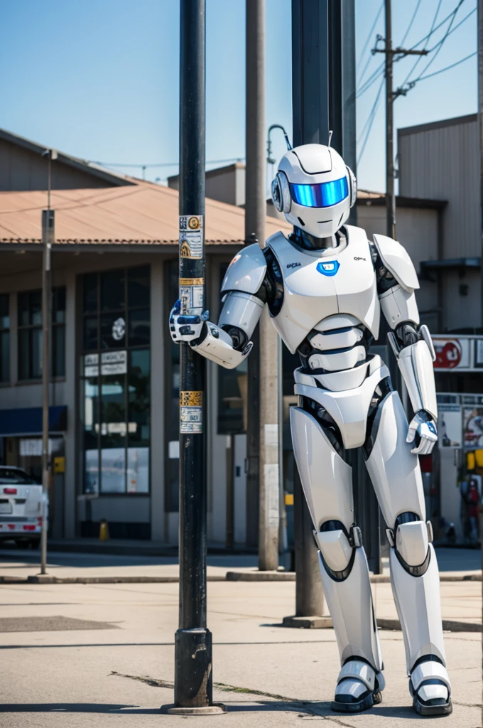 A white bot leaning against a pole with right arm