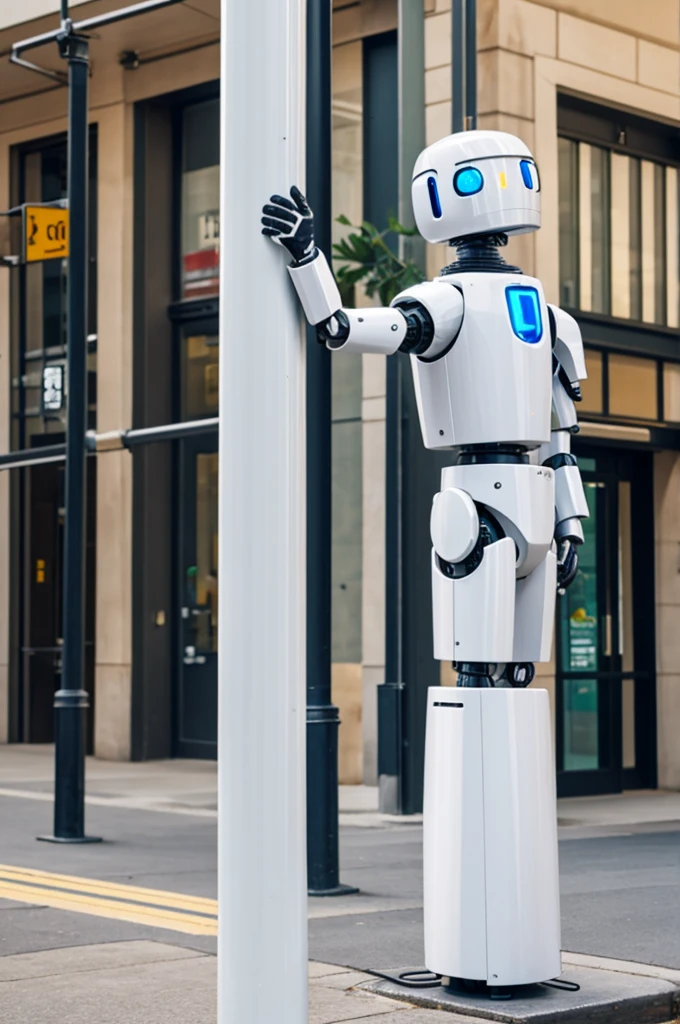 A white bot leaning against a pole with right arm