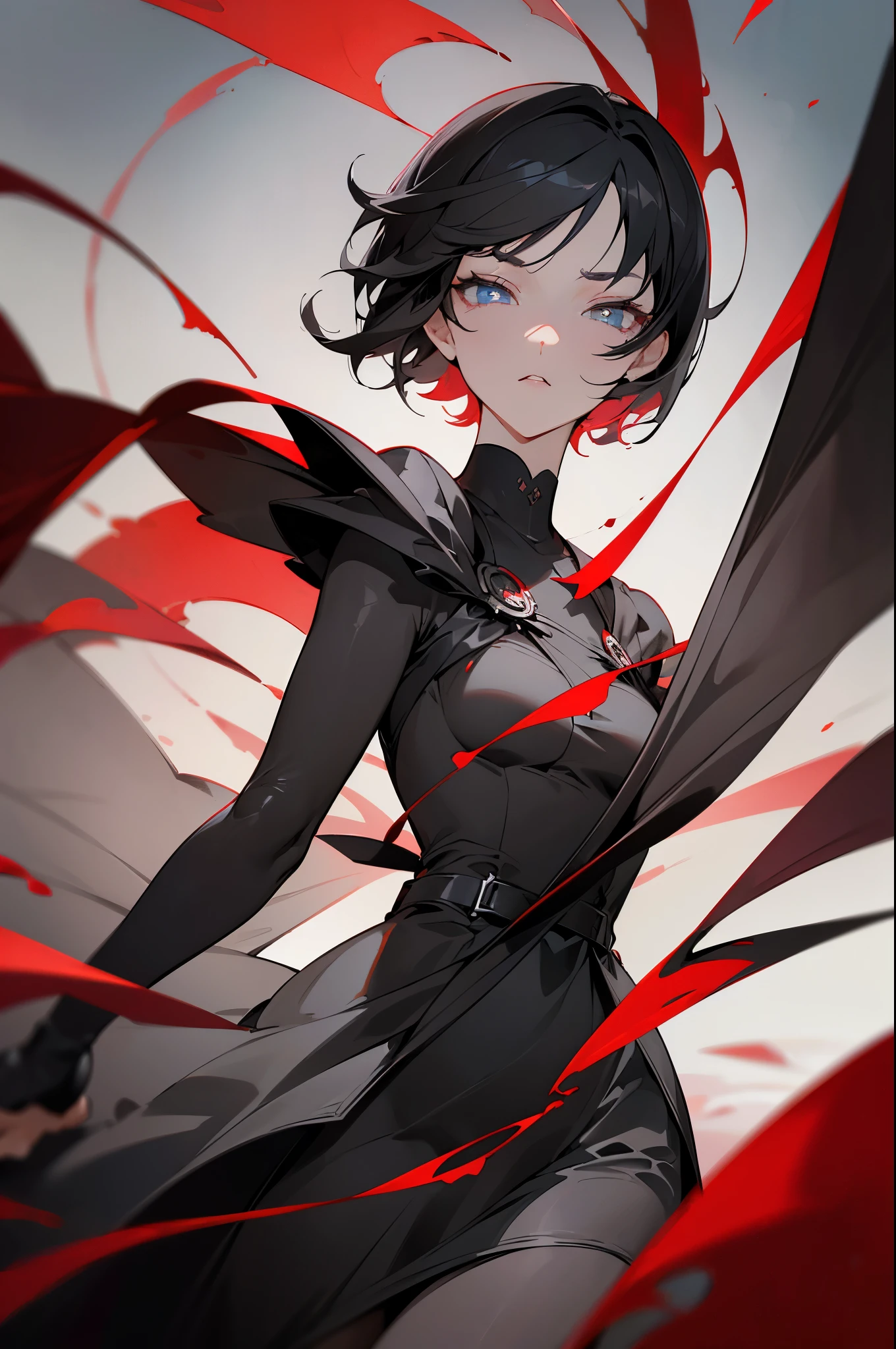 ruby rose, ruby rose, short hair, black hair, redhead, (gray eyes:1.5), break dress, pantyhose, cape, break looking at viewer, break outdoors, break (masterpiece:1.2), highest quality, High resolution, unity 8k wallpaper, (shape:0.8), (fine and beautiful eyes:1.6), highly detailed face, perfect lighting, Very detailed CG, (perfect hands, perfect anatomy),
