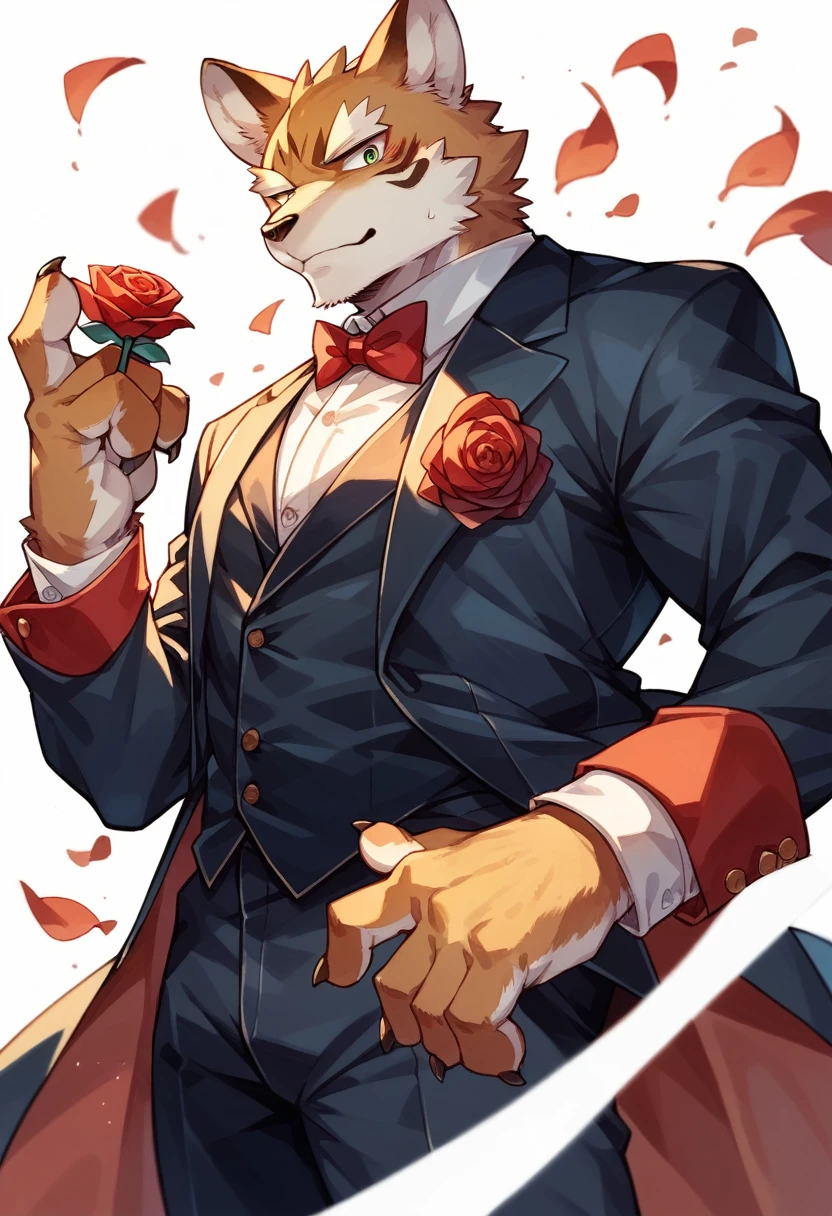 Watercolor elements, 1boy, kemono, furry, detailed body fur, animal face, animal hand, Handsome boy in tuxedo holding a red rose and looking at viewer,