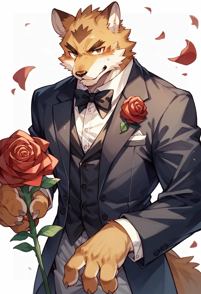 Watercolor elements, 1boy, kemono, furry, detailed body fur, animal face, animal hand, Handsome boy in tuxedo holding a red rose and looking at viewer,