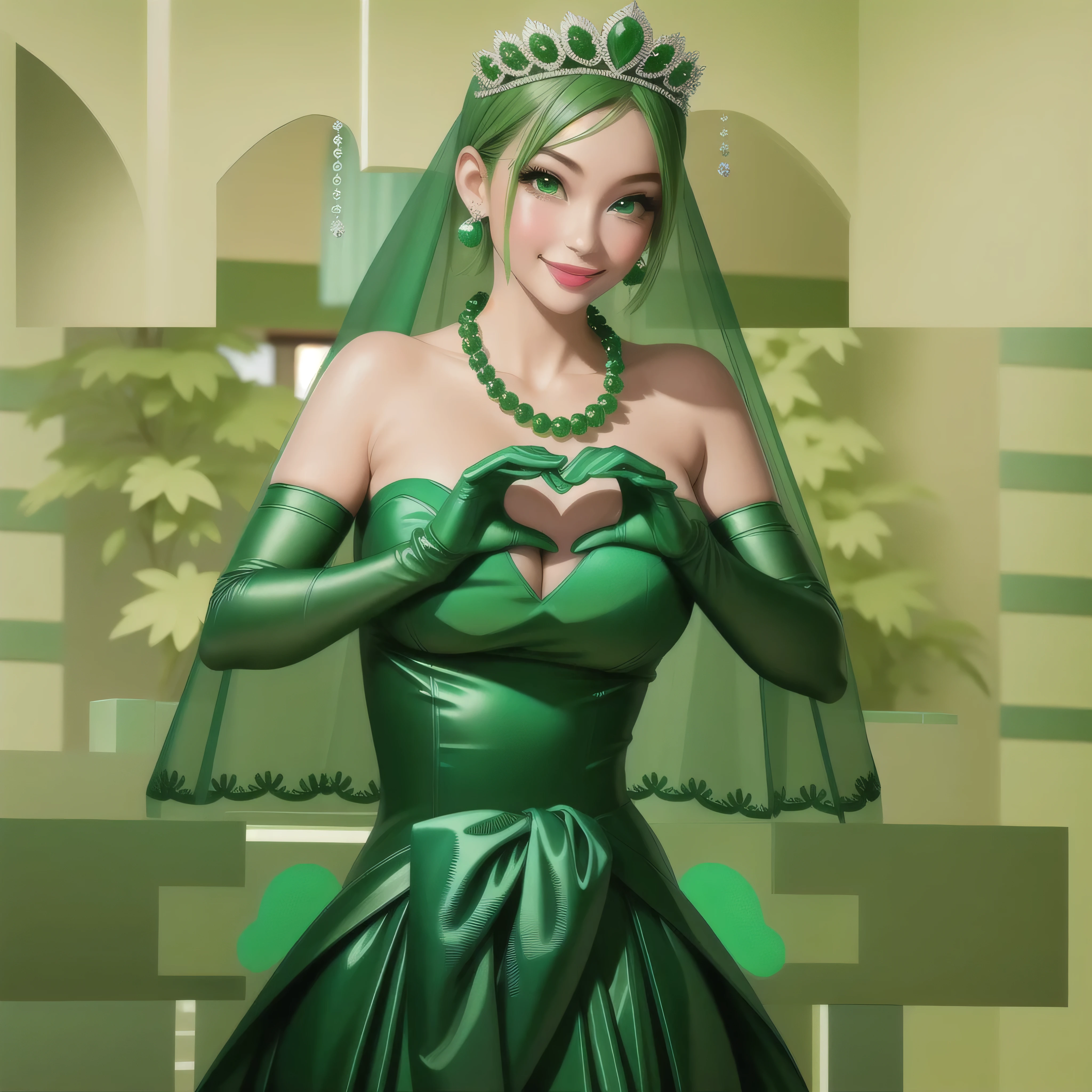 emerald tiara, Green Pearl Necklace, Boyish very short green hair, Green Lips, Smiling Japanese woman, Very short hair, Busty beautiful lady, Green Eyes, Green satin long gloves, Green Eyes, Emerald Earrings, Green veil, Heart with both hands, Green Hair, Beautiful Japanese Woman, Heart shaped hands:1.3, green lip gloss