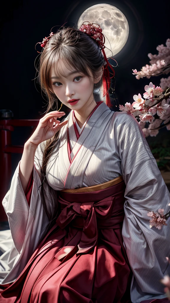Very beautiful woman、Slender women、Japanese clothing、((Hakama))、((Big Breasts))、(((night)))、((moon))、((cherry blossoms))、Very beautiful woman、Slender women、(Detailed face)、Realistic skin、((Delicate photo)),(Girl Masterpiece RAW Photo Details:1.25), (Highest quality:1.6), (Ultra-high resolution:1.5), (Realistic:1.75), 8K resolution, Canon EOS R5, 50mm, Absurd, Ultra-detailed,Cinema Lighting、