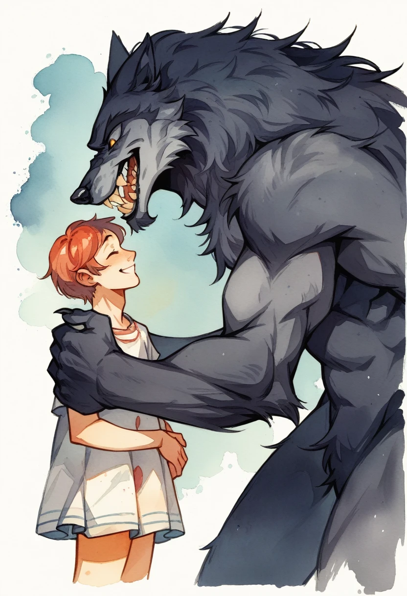 cover page, highres, top quality, best quality, paid reward available, unparalleled masterpiece, perfect artwork, absurdres, High-quality illustrations, watercolor, soft color, Vintage images, highres, unparalleled masterpiece, absurdres, love story of human girl and giant Werewolf, love romance, family photograph, pair, Height difference, Physical difference, perfect anatomy, smile, joyful, play with, smile, happy, watercolor,