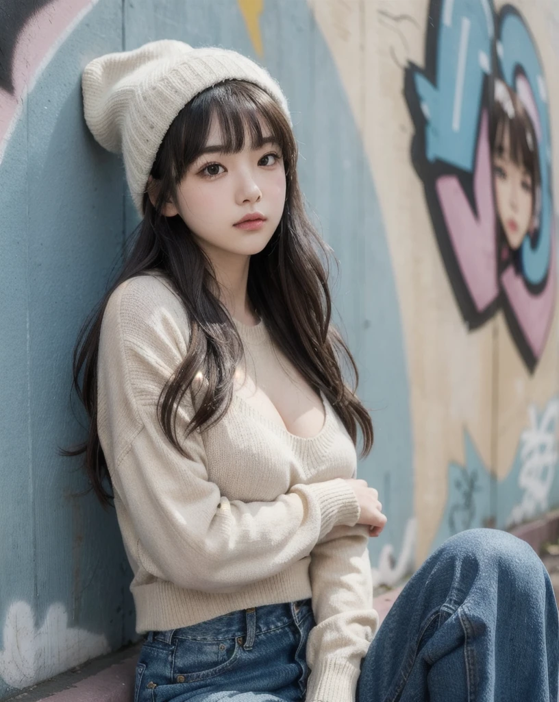 kawaii,cute,1woman, . large breast , intricate background, -, hair over eyes, covered eyes, blunt bangs, sideburns , smug, nose blush , , from below, Establishing Shot,
A distressed denim jeans, a beige sweater, and a beanie, posing against a graffiti-covered wall.
(day),