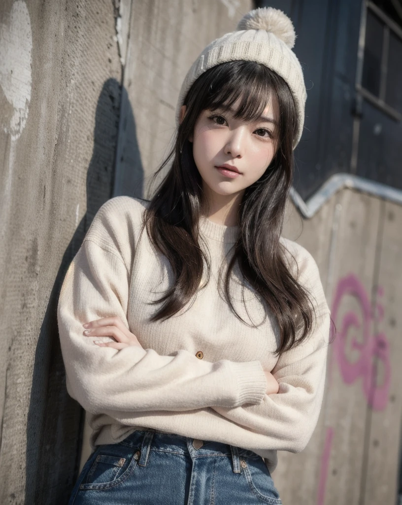 kawaii,cute,1woman, . large breast , intricate background, -, hair over eyes, covered eyes, blunt bangs, sideburns , smug, nose blush , , from below, Establishing Shot,
A distressed denim jeans, a beige sweater, and a beanie, posing against a graffiti-covered wall.
(day),