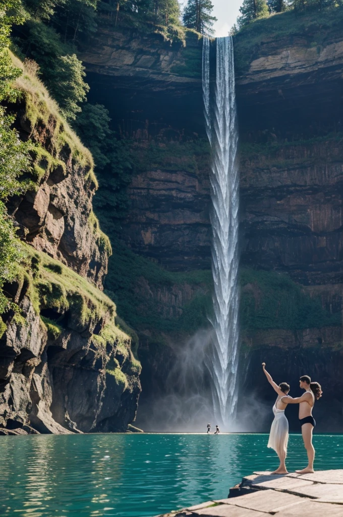 two contemporary dancers in the edge of a cliff in a lake with a waterfall