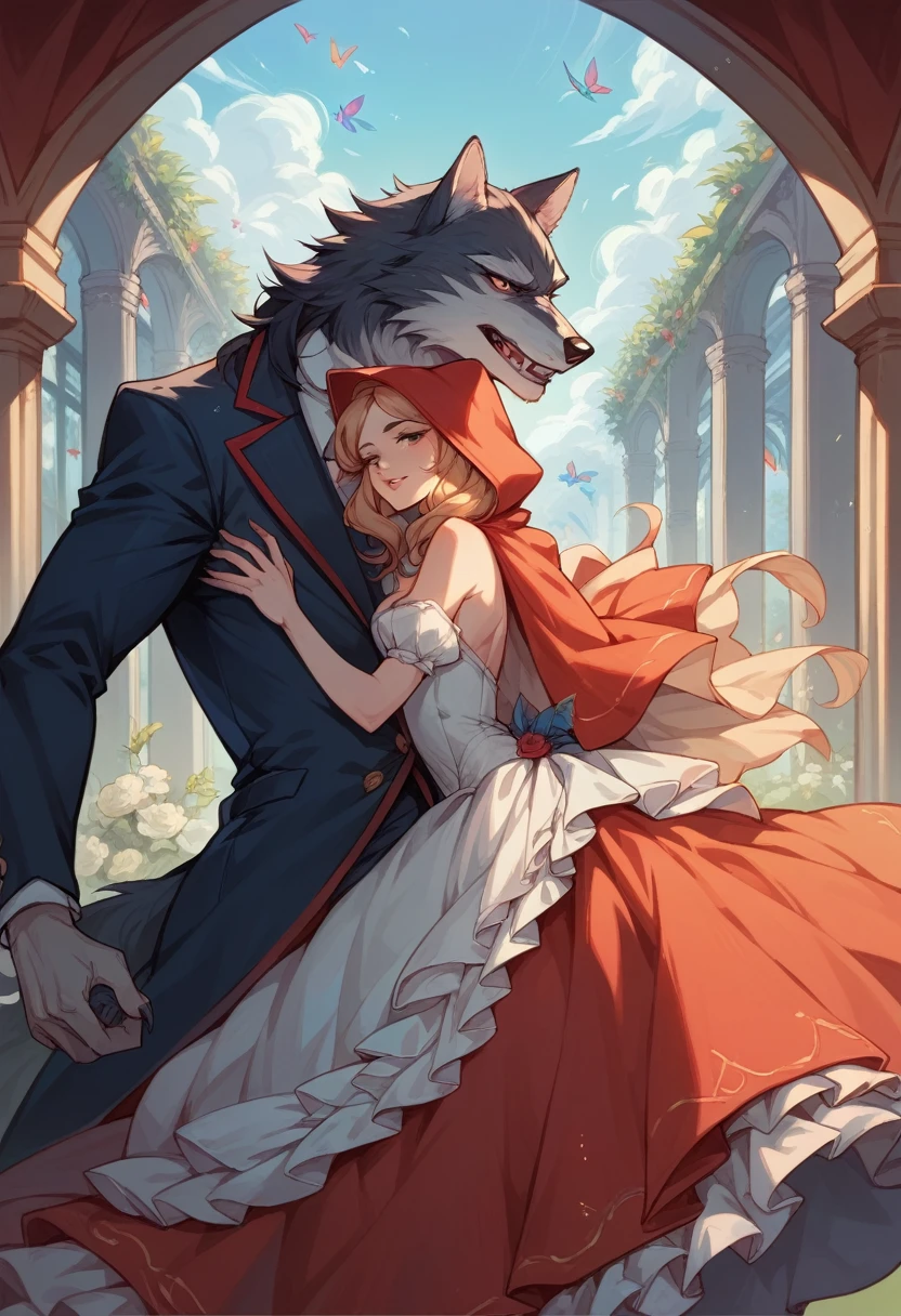 cover_page, Fairy tale wedding. Red Riding Hood, wolf man , elegant gown, hunter sharp suit, romantic, lavish decorations, ceremony, beauty and the beast, 