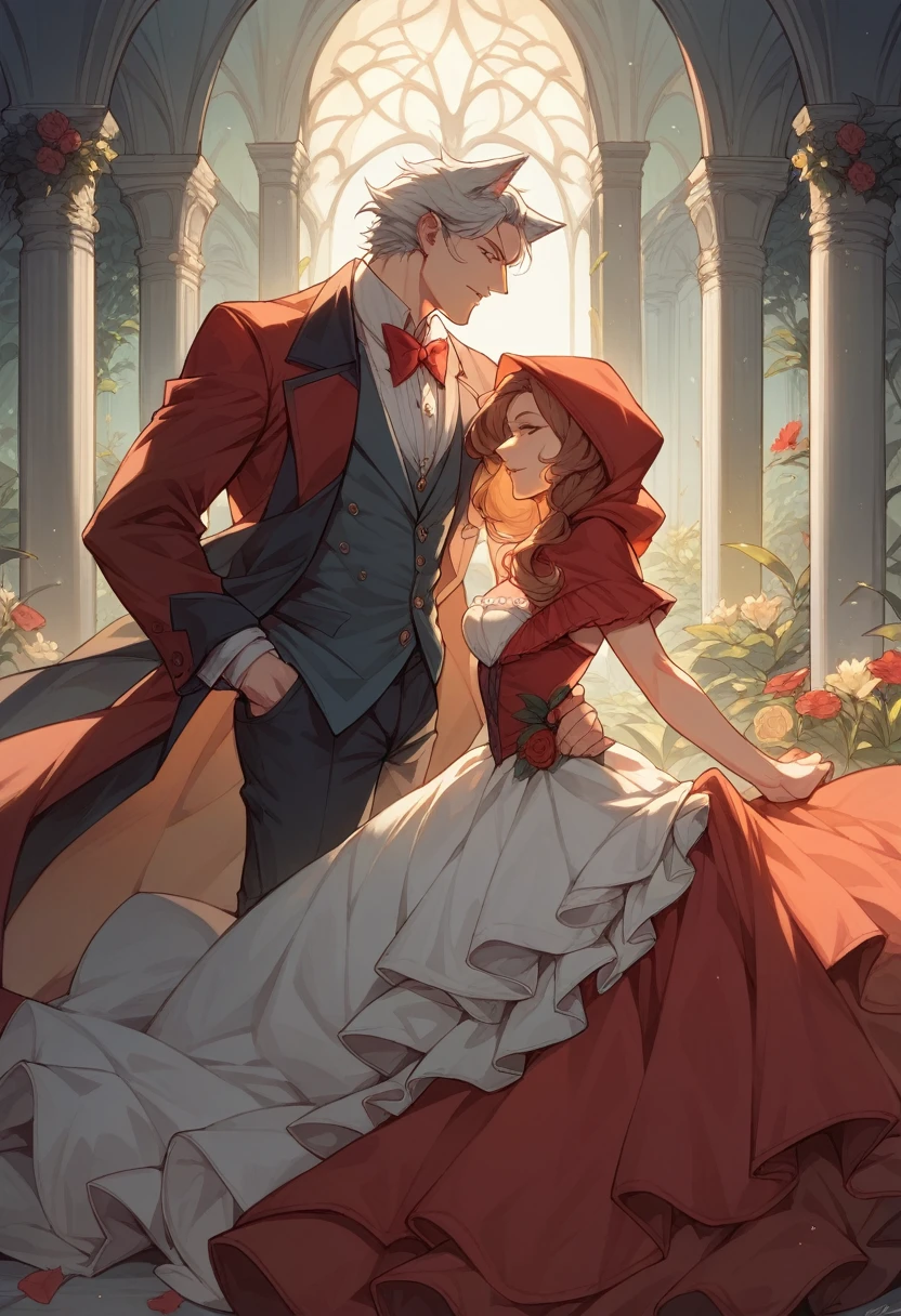 cover_page, Fairy tale wedding. Red Riding Hood, wolf man , elegant gown, hunter sharp suit, romantic, lavish decorations, ceremony, beauty and the beast, 