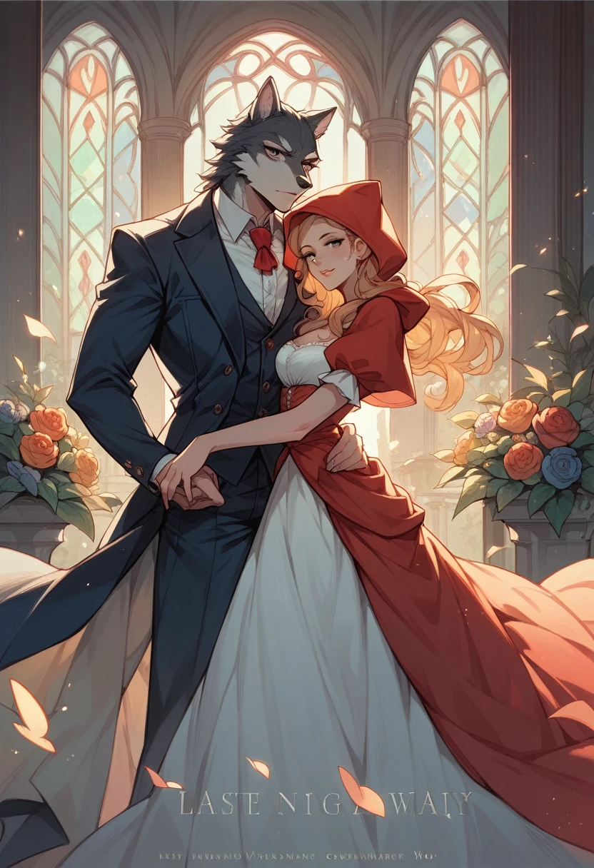 cover_page, Fairy tale wedding. Red Riding Hood, wolf man , elegant gown, hunter sharp suit, romantic, lavish decorations, ceremony, beauty and the beast,