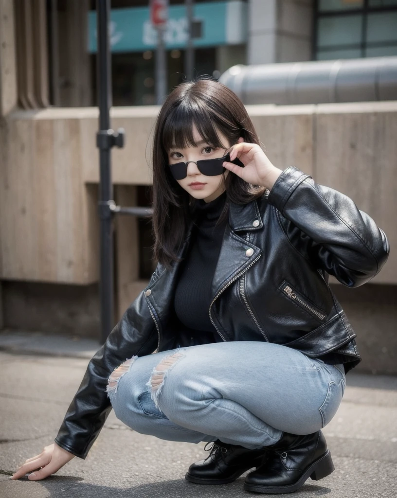 kawaii,cute,1woman, . large breast , intricate background, -, hair over eyes, covered eyes, blunt bangs, sideburns , smug, nose blush , , from below, Establishing Shot,
A fashionable woman in ripped skinny jeans, a black leather jacket, and ankle boots, posing against an urban backdrop.
(day),