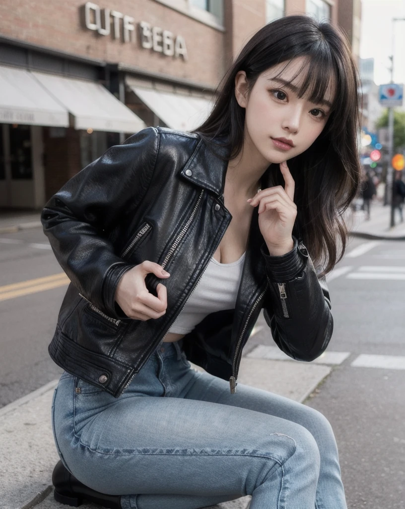 kawaii,cute,1woman, . large breast , intricate background, -, hair over eyes, covered eyes, blunt bangs, sideburns , smug, nose blush , , from below, Establishing Shot,
A fashionable woman in ripped skinny jeans, a black leather jacket, and ankle boots, posing against an urban backdrop.
(day),