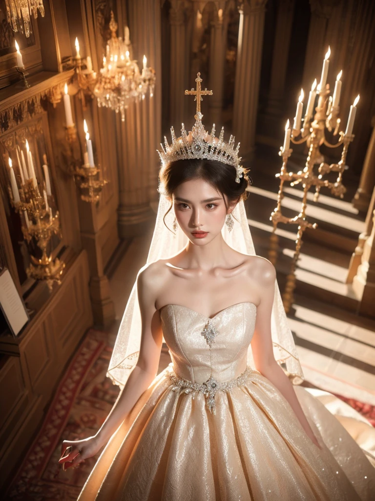 A woman, looking ethereal with her subtle stance and luminous skin, is clad in an enchanting white wedding dress exquisitely adorned with pearls and diamonds. She stands in the aisle of the monumental, age-old cathedral, relishing the mild light shimmering in through the stained glass windows. This light casts a divine play of hues onto her dress, giving it an otherworldly allure. The photographer positions the camera for a low-angle, face-on shot, emphasizing the symmetry of the cathedral and her serenity, (top view shot: 1.6).