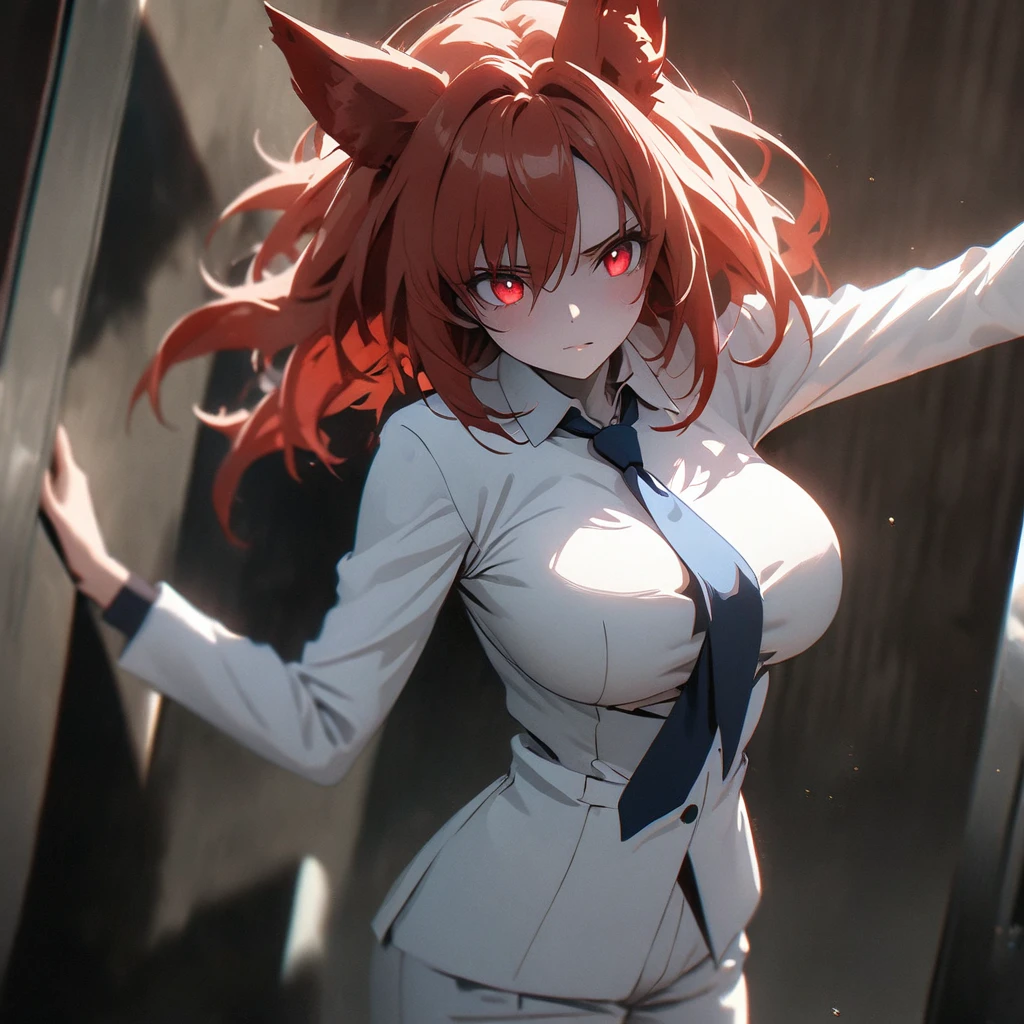(A girl with red messy mane hair, pale skin, red eyes, and fox ears, wearing a white suit with a blue tie, in a dark closet. She has a half skeleton face with ribs showing, black liquid, and giant breasts. She is in an attack position with eye reflection, cinematic lighting, ray tracing, and depth of field. The image is of the highest quality, 8K resolution, with award-winning digital art, anime coloring, and a masterpiece level of detail.)