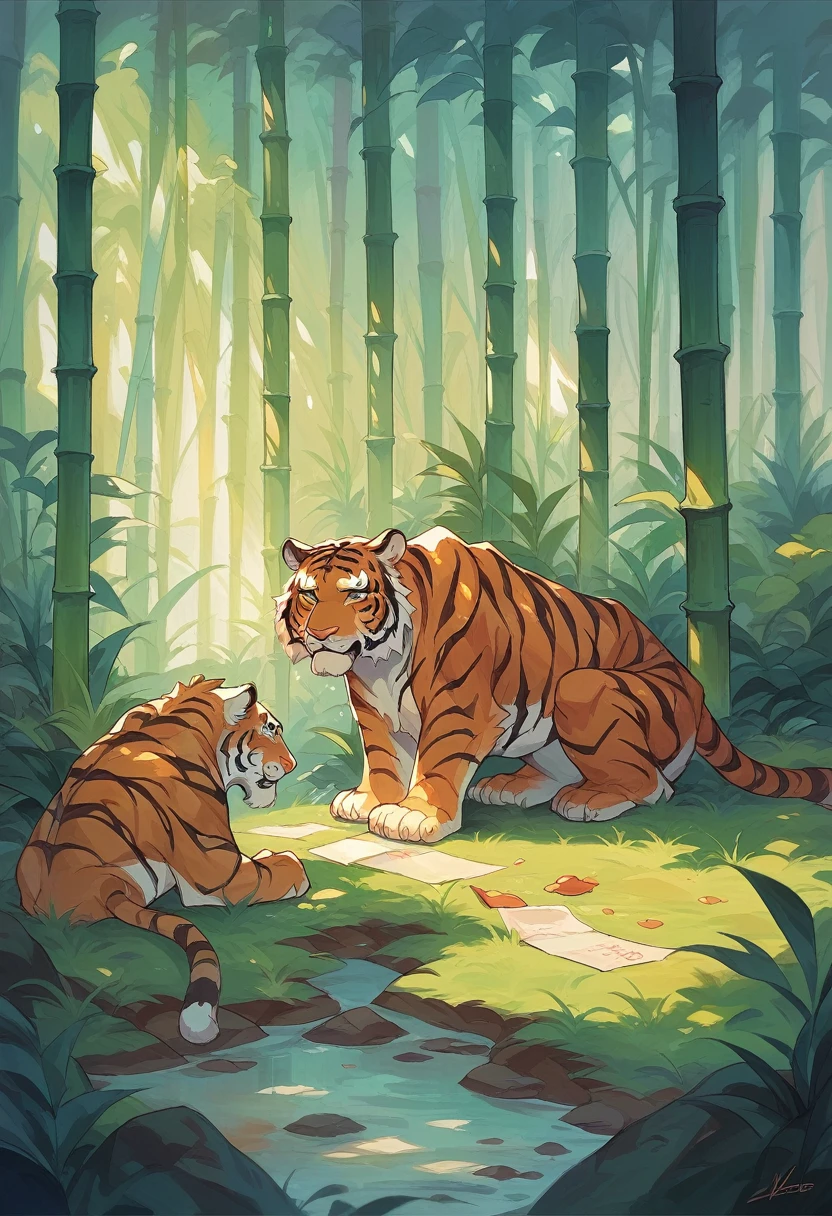 In a bamboo forest, a human transformed into a tiger meets an old friend and laments their past, Illustrated in the style of a traditional Chinese ink wash painting, resembling a handscroll with a horizontal composition,