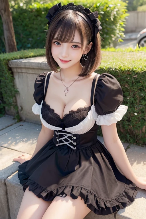 girl, White skin, ((Dark brown short tiered hair)), V cut with layers and bangs, Brown eyes, Soft atmosphere characteristics (Highest quality, Ultra-high resolution, 8K, RAW Photos, Ultra-high resolution: 1.2, masterpiece: 1.3), (Realistic, Realistic: 1.37), Very detailed, Professional Lighting, Photon Mapping, Radio City, Physically Based Rendering, One Girl, （high school girl）, Sharp focus:1.2、Beautiful woman:1.4,cute, Nice, Adorable, smile, Normal chest, necklace、(Cleavage)、Gothic Lolita Fashion、Earrings、Belly button、Pink and black gothic lolita outfit、garden、grass、Fluffy skirt、squirt、girl2人、The two of us are in love、Kissing Face