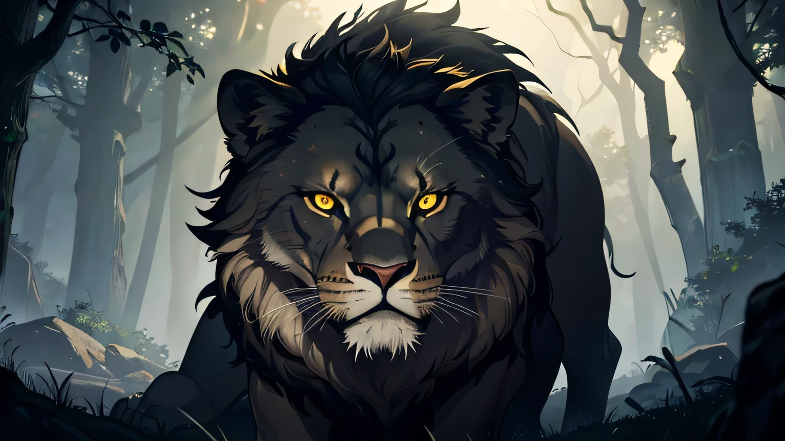 shadow of lion among the shadows of dark bush, glowing yellow eyes, glowing eyes, sharp fangs, moody lighting, hyper realistic, cinematic lighting, intricate details, 8k, high quality, photorealistic, dramatic, powerful, majestic