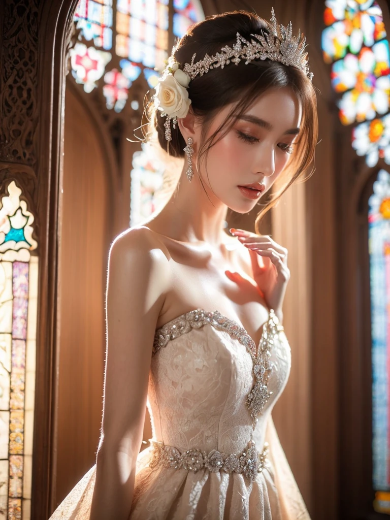 A woman, looking ethereal with her subtle stance and luminous skin, is clad in an enchanting white wedding dress exquisitely adorned with pearls and diamonds. She stands in the aisle of the monumental, age-old cathedral, relishing the mild light shimmering in through the stained glass windows. This light casts a divine play of hues onto her dress, giving it an otherworldly allure. The photographer positions the camera for a low-angle, face-on shot, emphasizing the symmetry of the cathedral and her serenity, (Close up shot: 1.8).