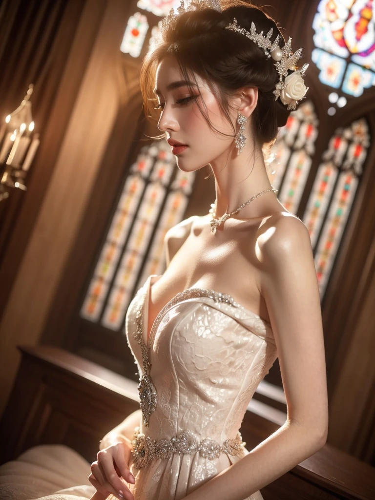 A woman, looking ethereal with her subtle stance and luminous skin, is clad in an enchanting white wedding dress exquisitely adorned with pearls and diamonds. She stands in the aisle of the monumental, age-old cathedral, relishing the mild light shimmering in through the stained glass windows. This light casts a divine play of hues onto her dress, giving it an otherworldly allure. The photographer positions the camera for a low-angle, face-on shot, emphasizing the symmetry of the cathedral and her serenity, (Close up shot: 1.8).