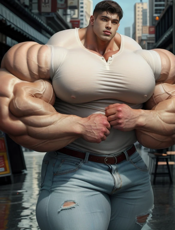 1boy, giant, alone, giant bodybuilder, wet, illuminating light, strong body, bulk, large size, walk on the city road, outdoor, wear white henley shirt and jean pants, massive bulge, bulge, extraordinary big, brutalmass, giant muscular body, bulk, buff, massive body, large meaty body size, extremely wide body,