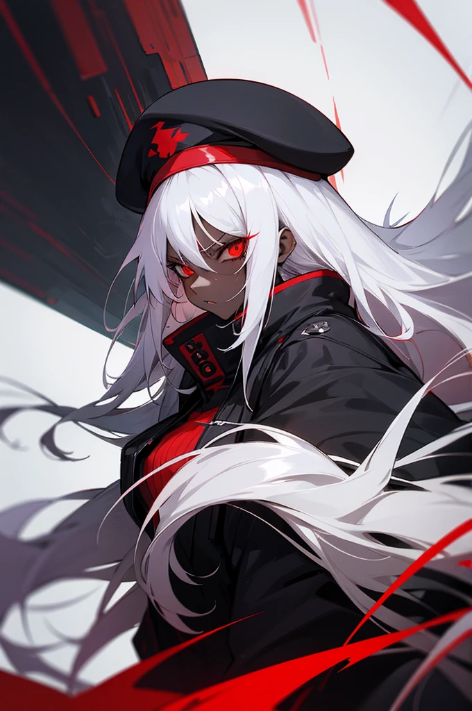 anime woman, long messy white hair, red eyes, black skin, red and black aura surrounding, black futuristic jacket, black beret, pissed