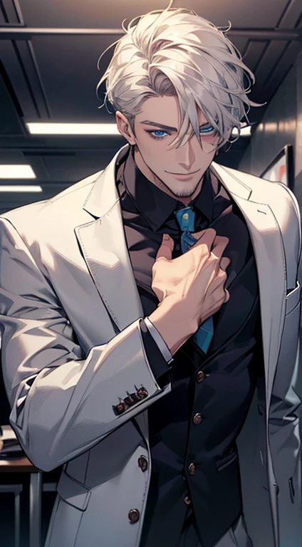 (best quality, masterpiece, 8K, photorealistic, cinematic lighting, hdr image, ultra detailed, beautiful image), 1 man, 31 years old, mature man, very handsome, (without expression, smile), short white hair, blue eyes ( penetrating gaze), perfect face without errors, imposing posture, without errors, businessman, office background