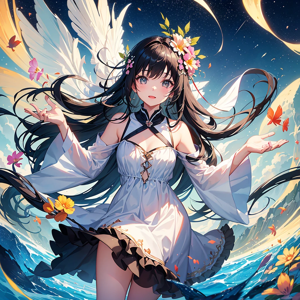 create an image, of a girl with semi-long black hair playing with flowers and fish, something magical and deep, magical and fun atmosphere, happy girl in a beautiful dress, In the universe, dark and bright stars