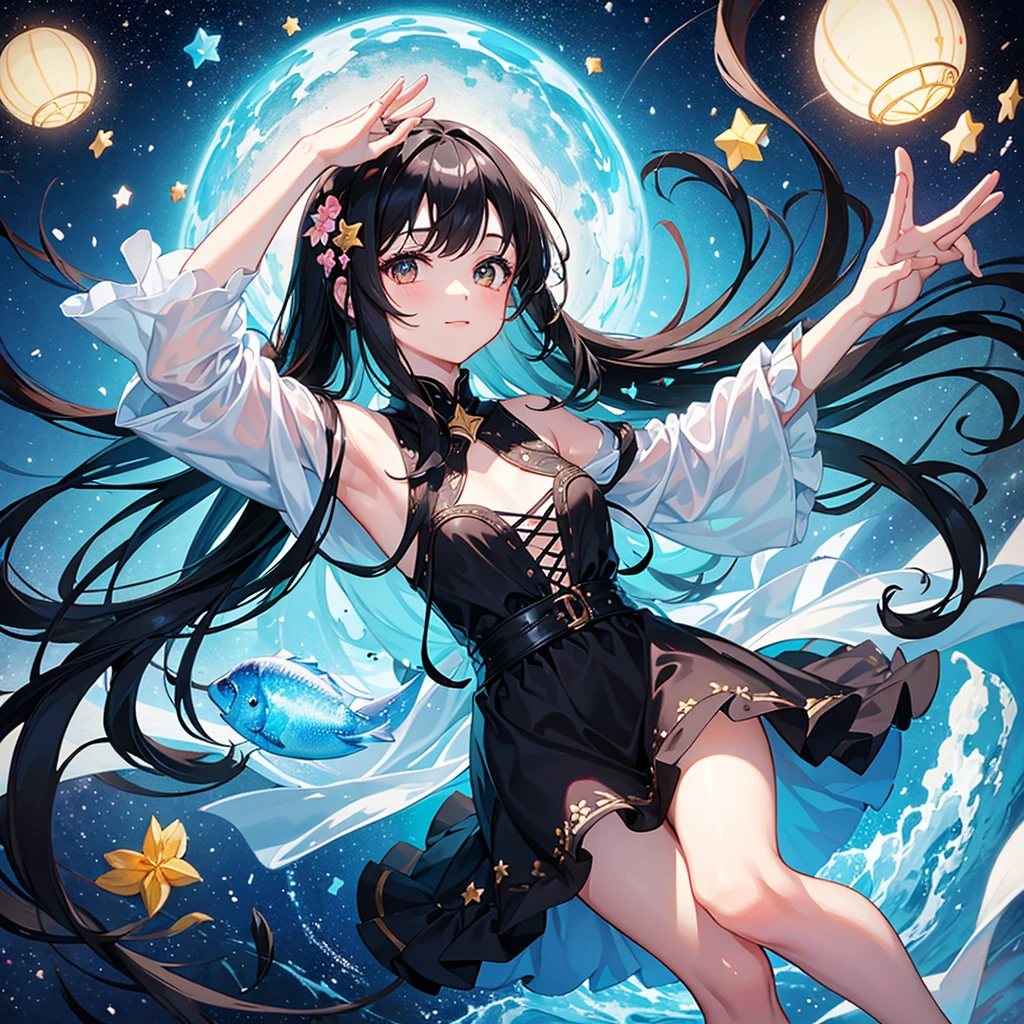 create an image, of a girl with semi-long black hair playing with flowers and fish, something magical and deep, magical and fun atmosphere, happy girl in a beautiful dress, In the universe, dark and bright stars